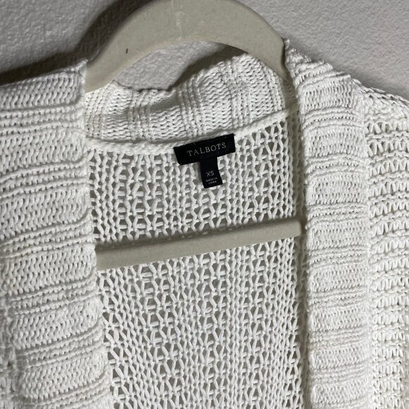 Talbots Cable Knit Cardigan Size XS White Mid Length Open Front 100% Cotton - Picture 3 of 5